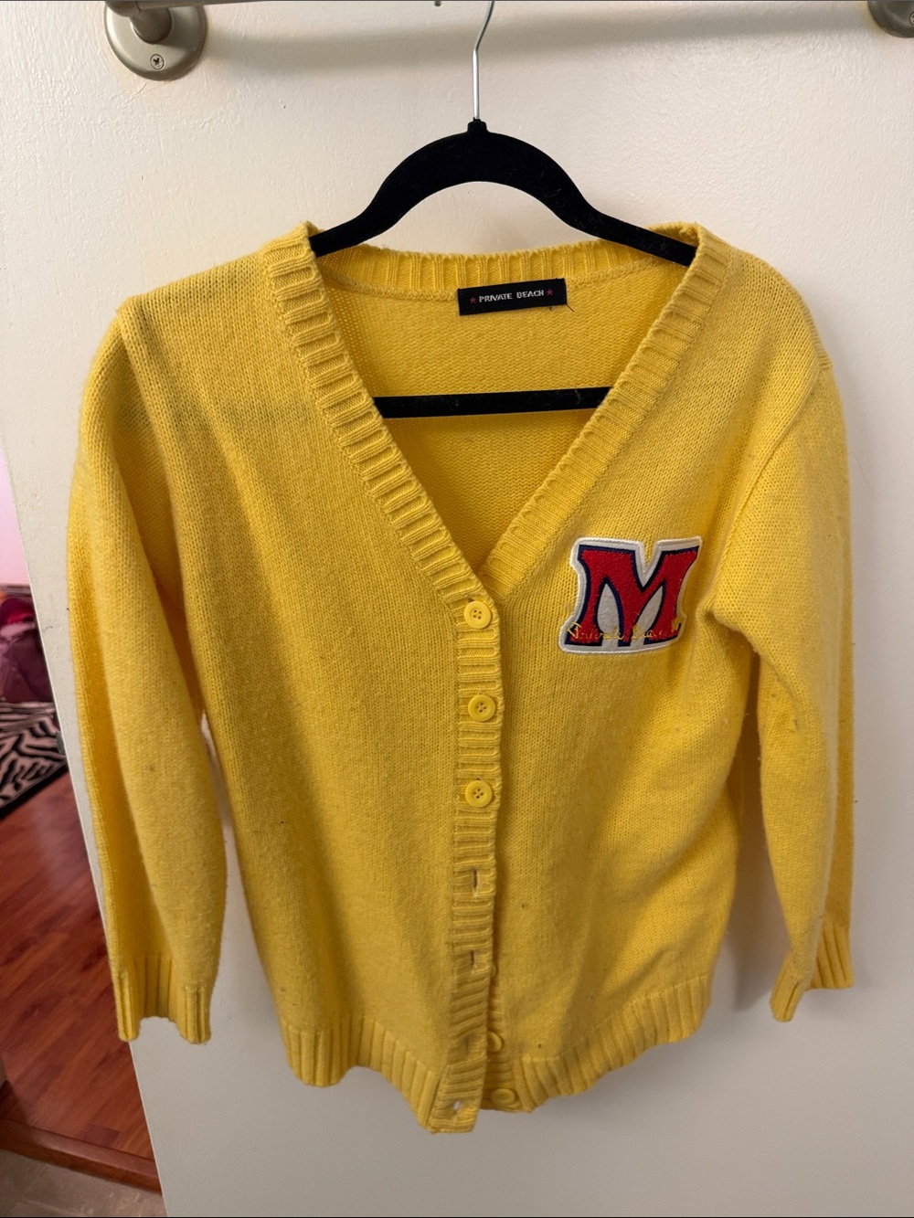 Private Label Yellow V-Neck Cardigan with Red M Patch